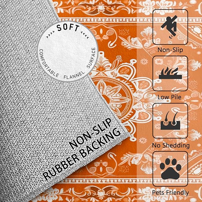 Mandala Rugs for Living Room -Vintage Floral Rug, 4x6 ft, Orange Mandala Living Room Rug, Boho Medallion Washable Area Rugs for Bedroom, Meditation Boho Ethnic Home Decor & Gifts