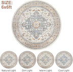 Round Rug Living Room Rugs: 6Ft Washable Boho Neutral Large Circle Soft Indoor Distressed Stain Resistant Floor Farmhouse Carpet for Bedroom Nursery Kids Playroom Office Dining Room Dorm- Beige Blue