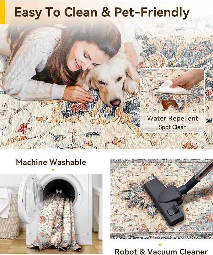 Area Rugs Square 10ft Washable Non-Slip, Floral Vintage Distress Print Pattern Medallion Carpet for Living Room Bedroom Dining Room, Beige Navy Blue Orange Colorful