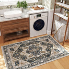 EnHomee 4x6 Washable Area Rugs for Bedroom, Boho Vintage Rugs, Foldable Area Rug for Dining Room, Non-Slip Soft Living Room Rug, Low Pile Large Carpet for Bathroom, Blue and Brown