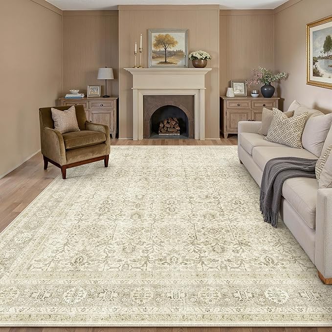 Vintage Area Rug 8x10 Beige Washable Living Room Large Carpet Non Slip Bedroom Indoor Office Low Pile Traditional Distressed Retro Accent Rug for Dining Room