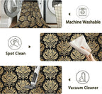 Black Damask Flower Golden Carpet for Living Room, 5x7 Non-Slip Washable Low Pile Abstract Design Rug, Space Saving Area Rug for Bedroom, Dining Room