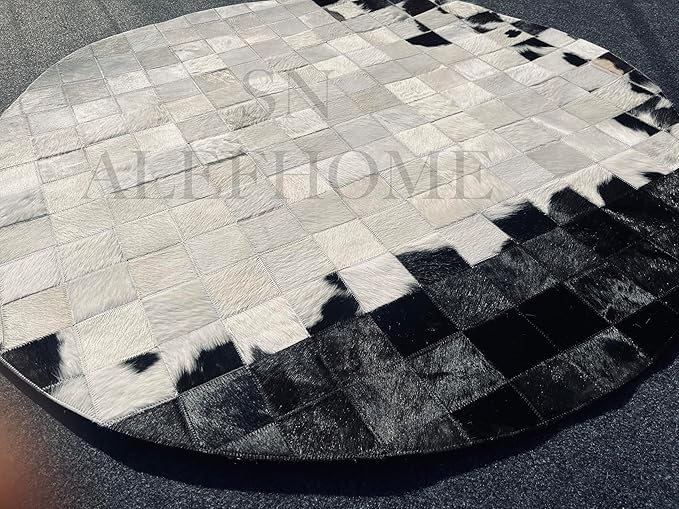 Round Geometric Patchwork Cowhide Leather Area Rug (4×4 ft) – Non-Slip Modern Faux Cowhide Carpet for Living Room, Bedroom, Kids Playroom, Lounge, Office & Home Decor (Black & White)