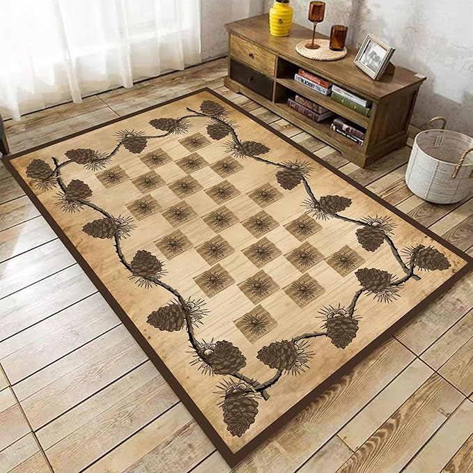 Vintage Plaid Area Rug 5x6ft Rustic Cabin Pine Cone Branches Lattice Pattern Rug Country Lodge Nature Plants Rugs, Soft Floor Rug Non-Skid Carpets for Living Room Farmhouse Indoor Floor Mat