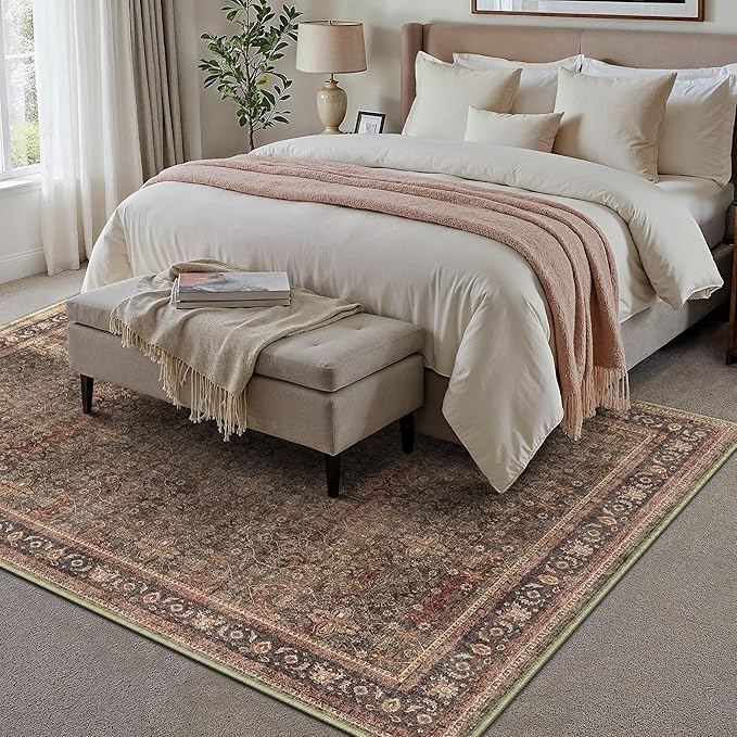 9x12 Area Rug for Living Room Brick Red Vintage Washable Bedroom Carpet Traditional Distressed Soft Non Slip Indoor Large Accent Rug Retro Thin Low Pile Floor Cover for Dining Room Playroom
