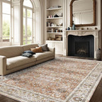 Deerly 6x9 Vintage Rugs for Dining Room, Washable Rugs Non Slip Large Area Rug for Living Room Bedroom Office, Floor Decoration Big Rug Mat Low-Pile Kid & Pet Friendly(Brick Red)