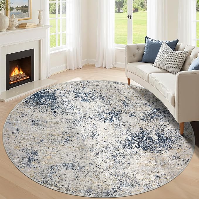 8ft Washable Round Rug - 8x8 Area Rugs Modern Abstract Rugs for Living Room Non-Slip Low Pile Soft Machine Washable Carpet for Bedroom, Living Room, Dining Room, Nursery, Farmhouse (8'x8' Beige Blue)