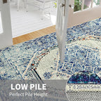 Easy-Going Area Rug 4x6 Washable Boho Rugs for Living Room Non-Slip Bedroom Rug Low Pile Lightweight Medallion Distressed Throw Rug for Dining Room Kitchen Home Office Carpet, Vintage Blue Cream