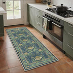 Bavni 2'6''x6 Runner Rug,Microfiber Washable Non-Slip Vintage Floral Rugs,Low Pile Lightweight Carpet for Bedroom,Hallway,Entryway,Kitchen,Bathroom, Tea Green/Blue