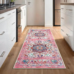 GLN Rugs Traditional Collection - Machine Washable Area Rug, Traditional Washable, Non Slip, Low Pile Chenille Rug, Living Room, Bedroom, Kitchen Rug (2'6" x 10' Pink/Multicolor)