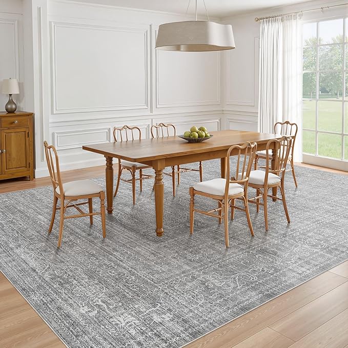 6x9 Area Rugs Living Room: Washable Large Vintage Grey Rug Neutral Non-Slip Soft Stain Resistant Indoor Carpet for Bedroom Nursery Dining Room Under Table Bed Home House Office Playroom