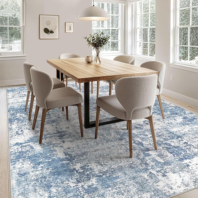 8x10 Area Living Room Rugs - Washable Neutral Modern Abstract Soft Thin Rug Indoor Floor No Slip Rug Carpet for Bedroom Under Dining Table Home Office Decor - Blue White