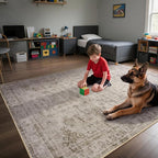 6x9 Washable Area Rug for Living Room, Non-Slip Distressed Rugs for Bedroom Dinning Room, Ultra-Thin Indoor Non-Shedding Vintage Print Carpet for Farmhouse, Home Office, Dorm Light Taupe/Cream