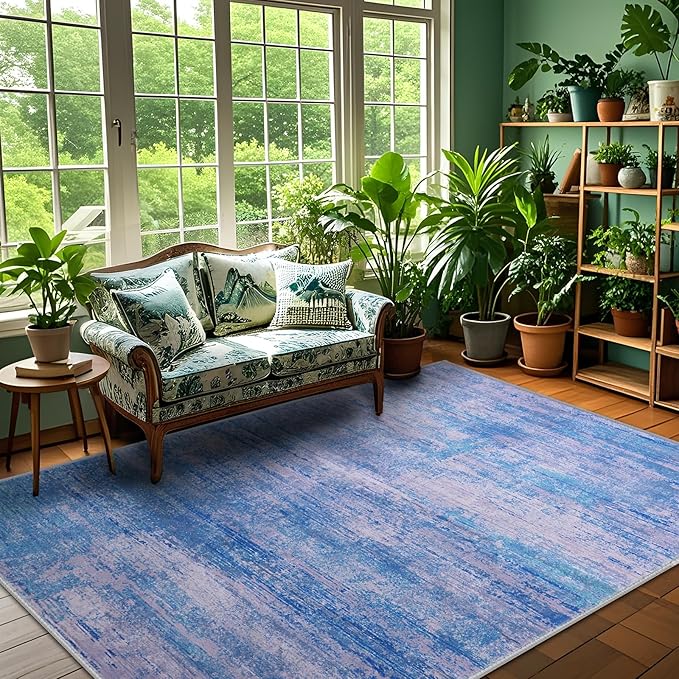 8x10 Abstract Area Rugs for Living Room, Modern Washable Indoor Rug for Bedroom, Thin Soft Large Non-Slip Carpet for Dining Room Home Office Farmhouse Decor - Abstract Blue Purple