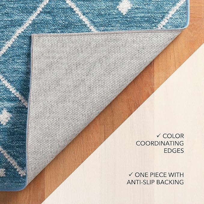 Dash and Albert Kota Machine Washable Area Rug - 6' x 9' Indigo - Diamond Accent Rug - Anti-Slip Backing, Lightweight, Machine Washable, High Traffic Areas Kitchen, Mudroom, Laundry Room