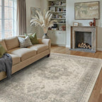 6x9 Washable Area Rug Beige Grey Vintage Distressed Large Rug for Living Room Oriental Soft Thin Indoor Retro Gray Carpet Non Slip Low Pile Floor Cover for Bedroom Dining Room Office Nursery