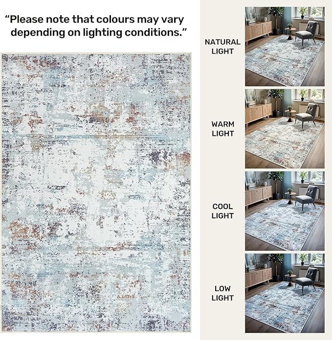 GLN Rugs Contemporary Collection - Machine Washable Area Rug, Contemporary Washable, Non Slip, Low Pile Chenille Rug, Living Room, Bedroom, Kitchen Rug (5' x 7' White/Grey/Blue/Brown)