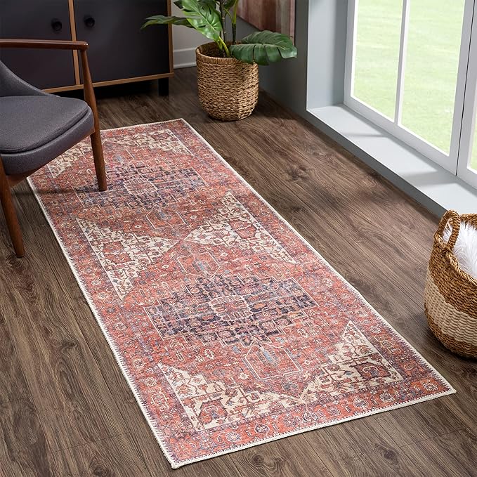 Bloom Rugs Washable Non-Slip 2' x 3' Rug - Red/Orange/Beige Traditional Oriental Area Rug for Living Room, Bedroom, Dining Room, and Kitchen - Exact Size: 2' x 3'