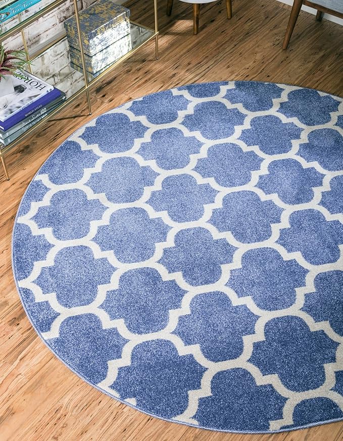Rugs.com Lattice Collection Rug – 8 Ft Round Light Blue Medium Rug Perfect for Kitchens, Dining Rooms