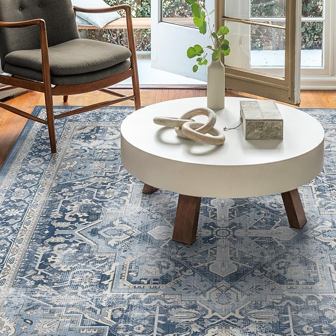 RUGGABLE Washable Area Rug – Kamran Admiral Blue 5x7, Stain-Resistant, Non-Slip – Medium Machine Washable Rugs for Living Room, Bedroom, Hallway, Entryway & Office–with Cushioned Pad