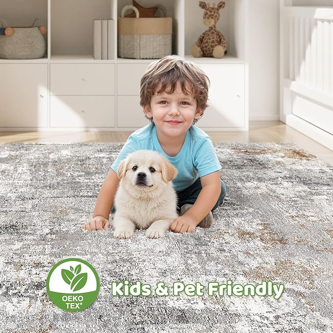 7x10 Area Rug Living Room: Washable Large Abstract Soft Stain Resistant Indoor Floor Rugs Non Slip Accent Carpet for Bedroom Nursery Playroom Office Dining Room Dorm Home House- Gray Rust