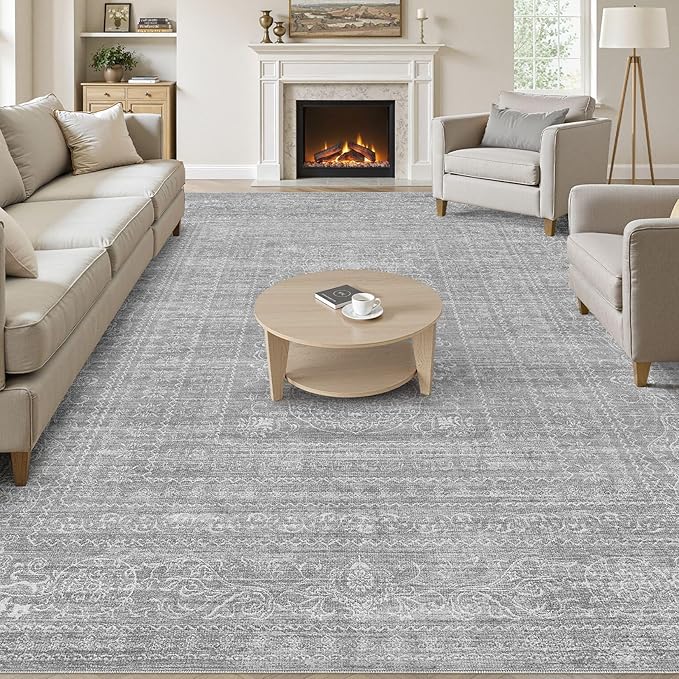 Area Rugs 9x12 Living Room: Washable Large Vintage Grey Rug Neutral Non-Slip Soft Stain Resistant Indoor Carpet for Bedroom Nursery Dining Room Under Table Bed Home House Office Playroom