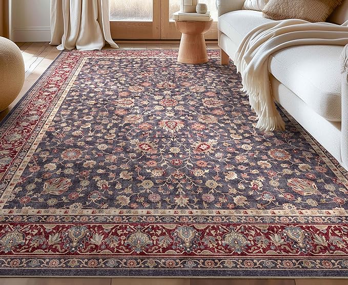 Well Woven Asha Rome Navy Blue Red 7'7" x 9'10" Area Rug - Oriental Floral Pattern, Easy Clean, Floor-Friendly Backing - for Living Room, Bedroom, and Dining Room