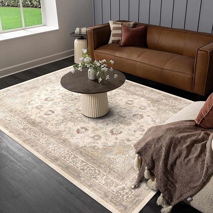 vivorug 6x9 Neutral Area Rugs, Ultra-Soft Washable Rug for Living Room Dinner Room Bedroom, Non-Slip Vintage Beige Rug, Indoor Carpet Large Area Rug