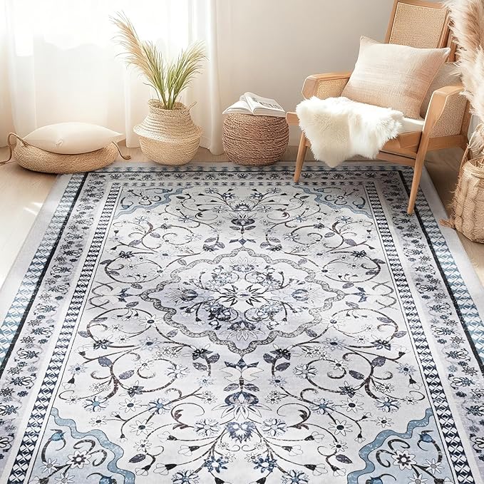 Luxury 5' x 7' Blue Washable Area Rugs, Boho Low Pile Easy Clean Non-Slip Rug, Floral Medallion Pattern Vintage Rugs for Living Room, Dinning Room, Office, Bedroom, Bathroom, Laundry Room, Farmhouse