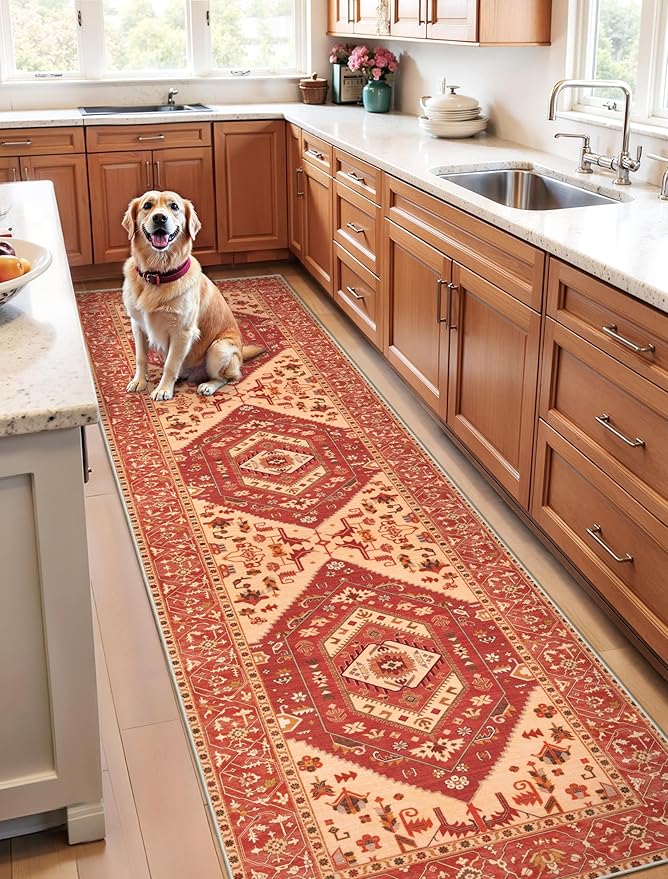 SERISSA Runner Rug for Hallways, 2'6"x8' Washable Non Slip Kitchen Runner Rug, Long Boho Rug Vintage Red Beige Hallway Stair Ultra Soft Print Floor Carpet for Bedroom Bathroom Laundry Room
