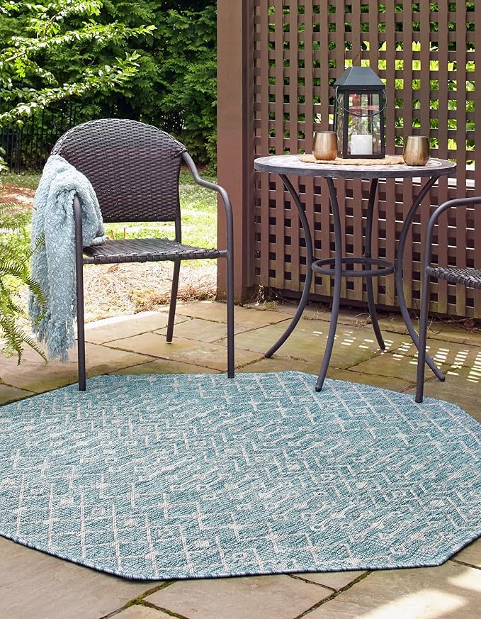 Unique Loom Outdoor Trellis Collection Area Rug - Tribal Trellis (5' 3" Octagon, Aqua/ Ivory)