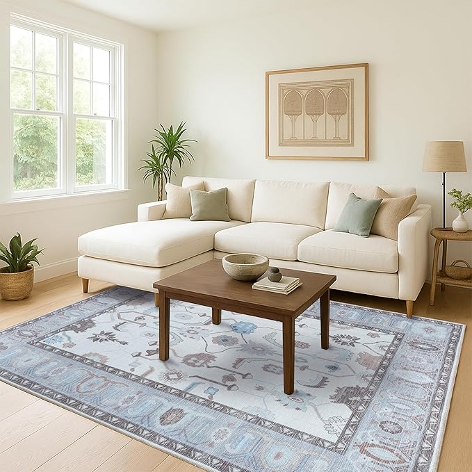 Fame Living Cream Grey Oushak Rug, Modern Rugs, Vintage, Turkish, Eclectic, Floral, Pastel, Washable, Small Throw, Accent Area Rug for Living Room, Bedroom, Kitchen, Bathroom, 2'5"x4'9