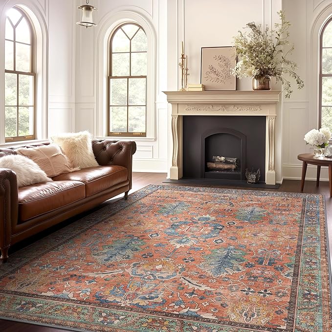 Bavni Area Rug 3x5, Non-Slip Washable Rugs for Living Room Office, Boho Distressed Printed Rug, Low Pile Foldable Decorative Carpet for Bedroom Kitchen Office, Terracotta/Blue