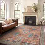 Bavni Area Rug 3x5, Non-Slip Washable Rugs for Living Room Office, Boho Distressed Printed Rug, Low Pile Foldable Decorative Carpet for Bedroom Kitchen Office, Terracotta/Blue