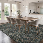 Washable Living Room Rug: 8x10 Boho Floral Soft Area Rug for Bedroom Decor - Vintage Low Pile Thin Carpet for Dining Room Non-Slip - Farmhouse Stain Resistant Rugs - Dark Green
