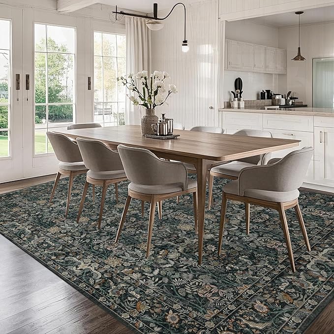 Washable Living Room Rug: 10x14 Boho Floral Soft Area Rug for Bedroom Decor - Vintage Low Pile Thin Carpet for Dining Room Non-Slip - Farmhouse Stain Resistant Rugs - Dark Green