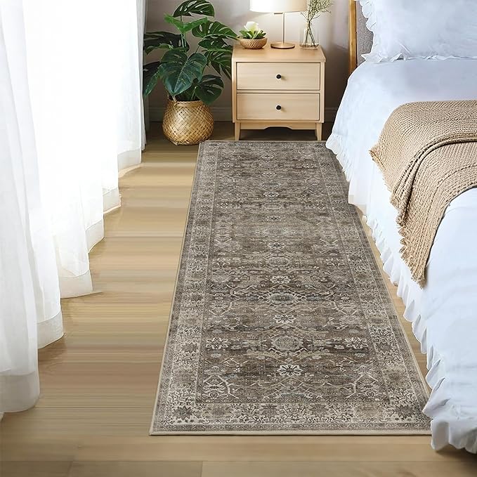 2x6 Runner Rug Grey Brown Vintage Washable Runner Rugs for Hallway Kitchen Low Pile Non-Slip Retro Distressed Accent Throw Carpet for Entryway Bathroom Bedroom Antique/Moss