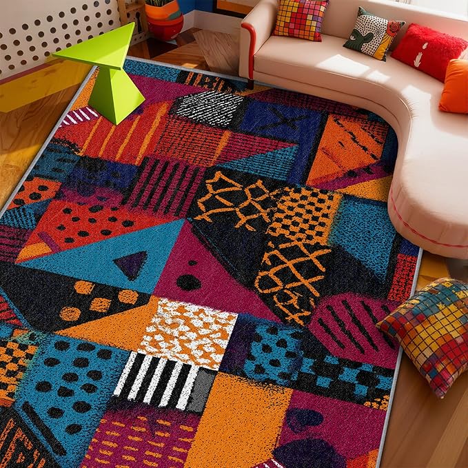 Geometric Bedroom Rug - Patchwork Abstract Art Rug, 6x9 Area Rugs, Multicolor Retro Aesthetic Non Slip Fade Resistant Large Carpets Home Decor #C023