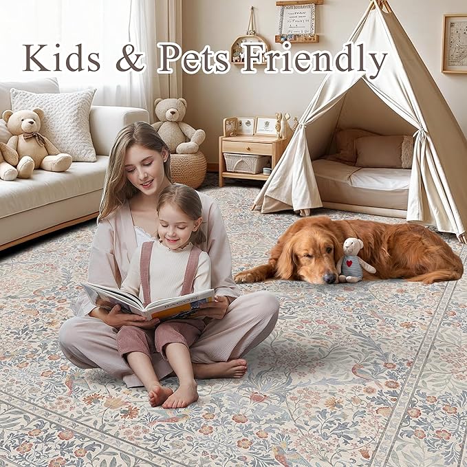 6x9 Floral Washable Area Rugs for Living Room, Vintage Boho Large Rug for Bedroom Dining Room， Distressed Botanical Birds Non Slip Low Pile Forest Animal Throw Carpet for Farmhouse Office, Beige Blue