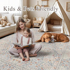 6x9 Floral Washable Area Rugs for Living Room, Vintage Boho Large Rug for Bedroom Dining Room， Distressed Botanical Birds Non Slip Low Pile Forest Animal Throw Carpet for Farmhouse Office, Beige Blue