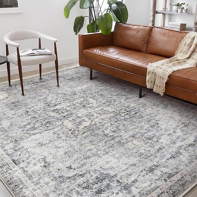 Washable Area Rug 9'x12' Retro Boho Design Non-Shedding Easy Care Ideal for High Traffic Areas in Living Room Bedroom Office Coffee Table Kitchen Large Carpet