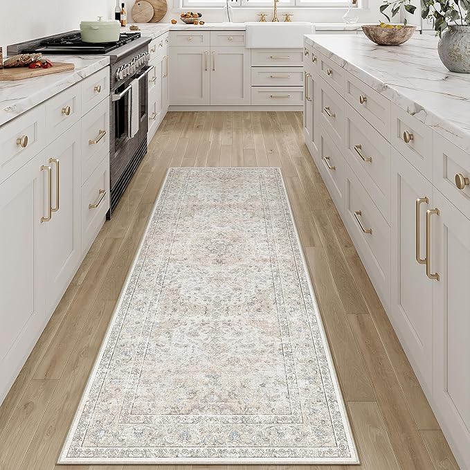2x5 Washable Vintage Runner Rug for Living Room Bedroom Beige Grey Soft Tranditional Non Slip Runner Rug Lightweight Floral Low Pile Distressed Carpet Hallway Kitchen Bedroom
