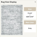9x12 Area Rugs for Living Room, Non Slip Machine Washable Vintage Rugs, Low Pile Lightweight Large Rug for Bedroom, Dining Room, Home Office Grey