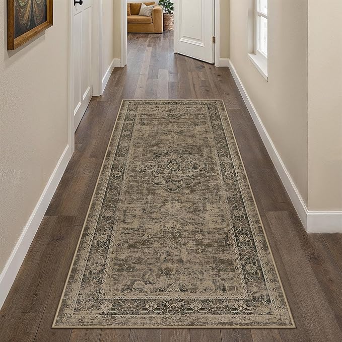 Hallway Runner Rug 2x5 Washable Brown Vintage Distressed Runner Oriental Soft Thin Indoor Carpet Non Slip Low Pile Throw Rug for Kitchen Bedroom Laundry Bedside Entryway