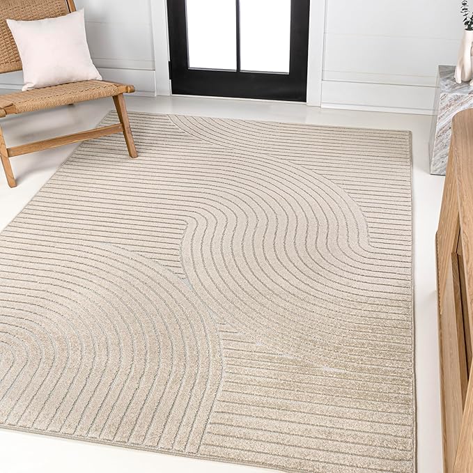 JONATHAN Y Hallie High-Low Curve Beige/Cream 8x10 Indoor/Outdoor Area Rug, Minimalist Geometric, Pet Friendly, for Patio, Backyard, Living Room, Bedroom, Office, Hose-Washable (SCN100D-8)