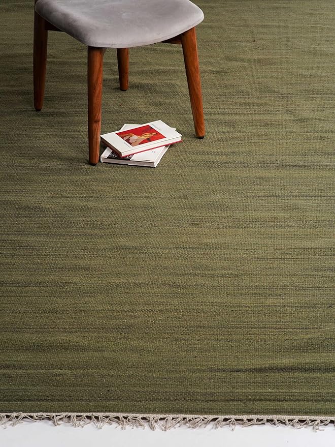 Rugsotic Carpets Hand Woven Flat Weave Kilim Wool ECO-Friendly Area Rugs - 5'x8', Rectangle Shape, Olive Color, Solid Plain Design, Low Pile Handmade Area Rugs for Living Room, Bed Room (D00111)