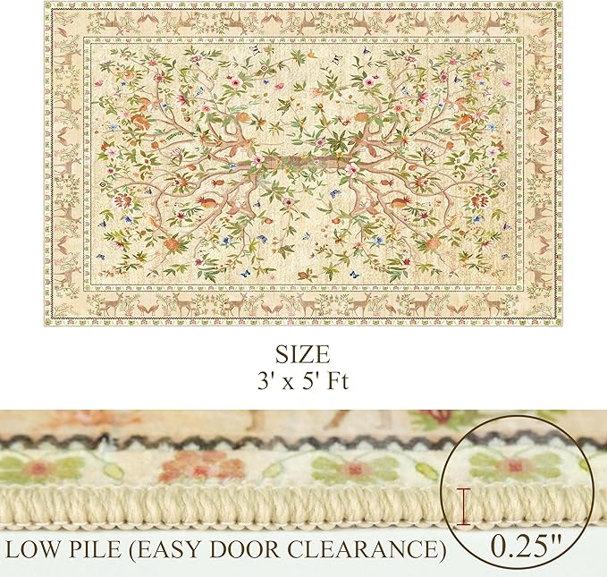 3x5 Area Rug Washable, Non-Slip Small Rug Carpet, Floral Boho Low Pile Soft Throw Rugs for Entryway, Bedroom, Kids Room, Dorm, Office, Nursery, Vintage Home Decor（Beige）