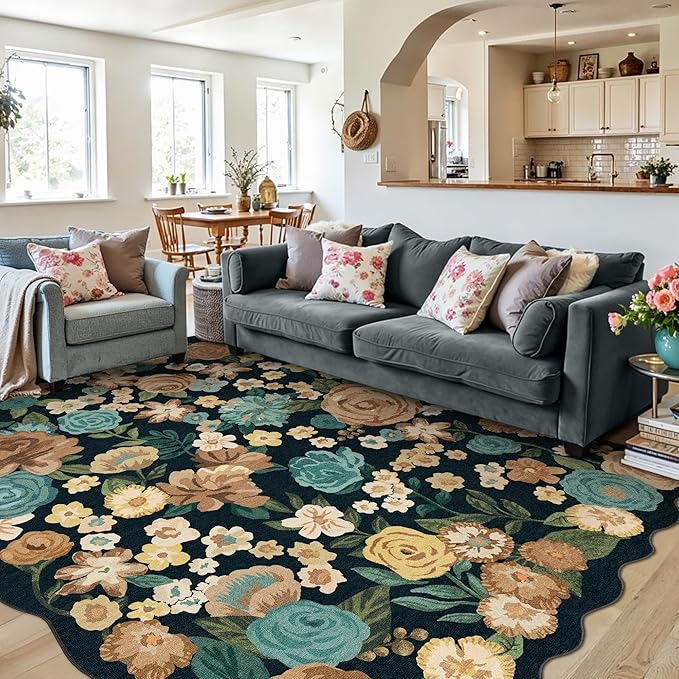 Washable Floral Area Rug 6x9 Black Living Room Large Carpet Bedroom Scalloped Flower Non Slip Soft Throw Rug Farmhouse Low Pile Thin Indoor Floor Cover for Dining Room Office