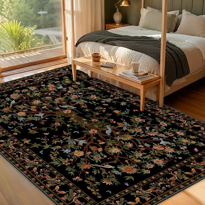 Black Rug for Living Room 5x7 Area Rugs, Machine Washable Non-Slip Carpet, Boho Floral Low Pile Throw Rugs for Bedroom, Dining Room, Office, Nursery, Vintage Home Decor