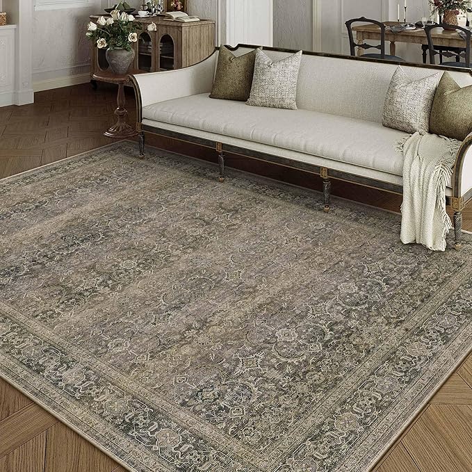 HUGEAR 6x9 Washable Area Rug Taupe Vintage Neutral Bedroom Rug Soft Non Slip Distressed Carpet Low Pile Pet Friendly for Living Room Bedside Dining Room